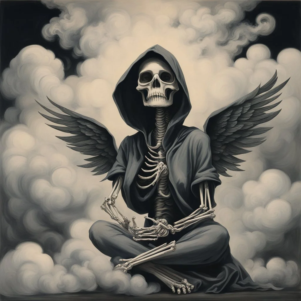 women sitting Her face turned upwards and blows cigarette smoke from their mouth. It depicts a figure with wings emerging from its back. a hooded skeleton can be seen behind the clouds of smoke.