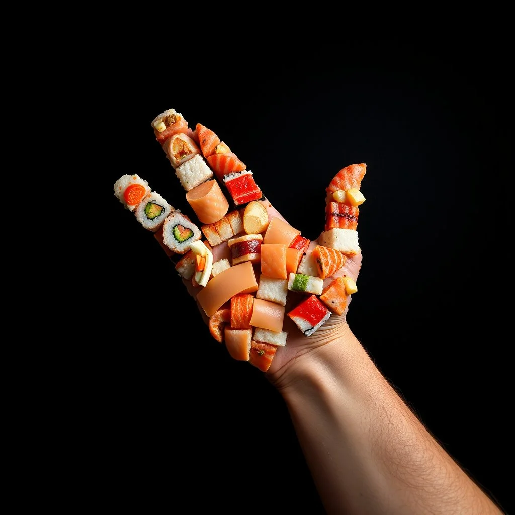 photograph made on a gopro hero 11 camera, down-shot of a mosaic of sushi pieces perfectly forming a hand shape, dark negative space,