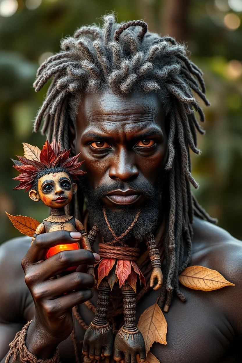 beautiful black skin warrior man gray hair holding a voodoo light bro doll made from leaves