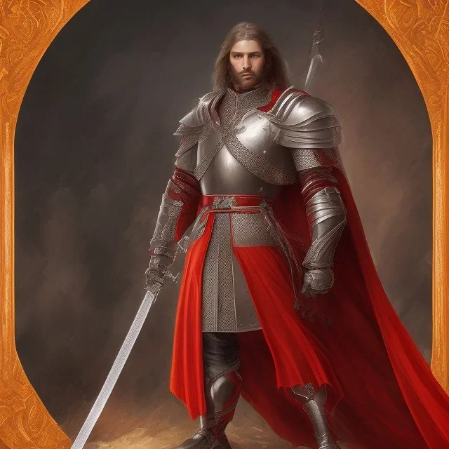 Standing king with his sword , portrait , red cape , armor , night , Stars , long hair