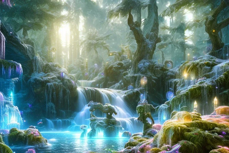  white and gold crystal cosmic ambiance，waterfall, full of details, smooth, bright sunshine，soft light atmosphere, light effect，vaporwave colorful, concept art, smooth, extremely sharp detail, finely tuned detail, ultra high definition, 8 k, unreal engine 5, ultra sharp focus