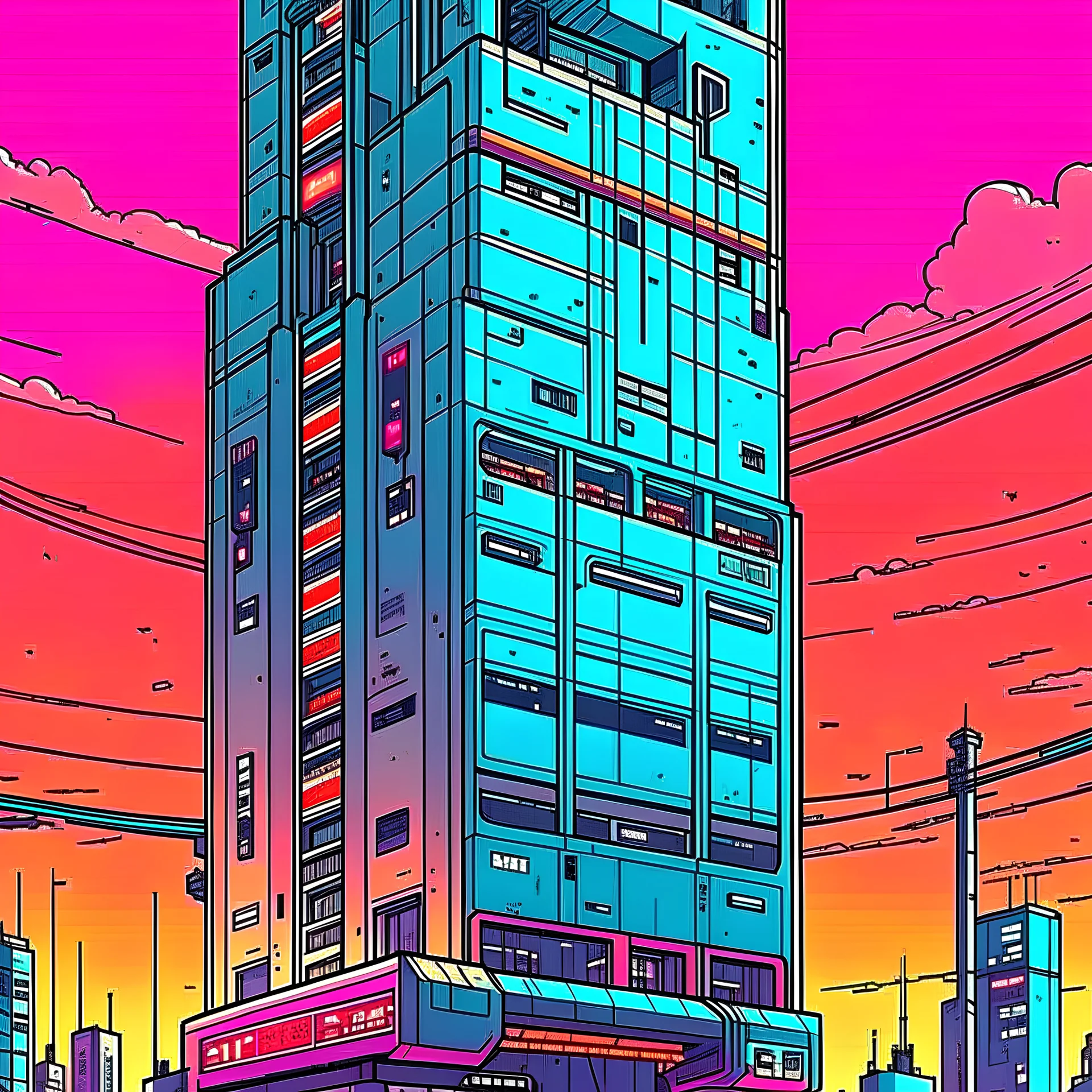 cyberpunk retro futuristic for comics skyscraper from far away