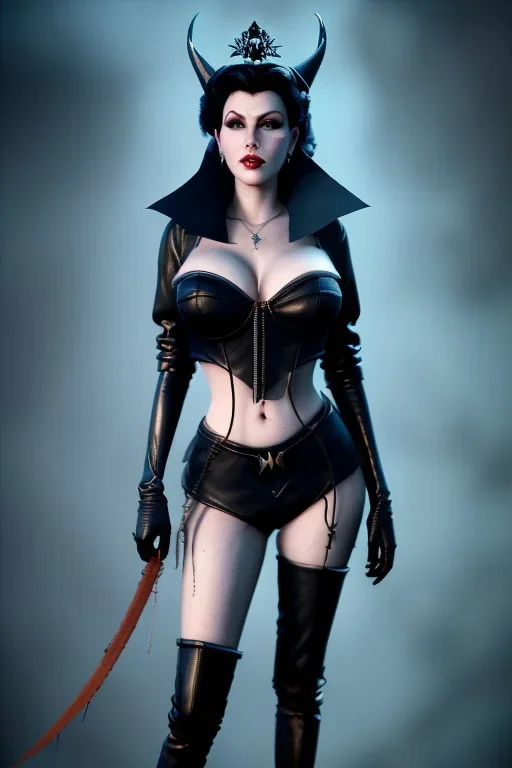 Lana Turner as evil queen in black leather, leather, busty, cleavage, angry, stern look. character design by cory loftis, fenghua zhong, ryohei hase, ismail inceoglu and ruan jia. unreal engine 5, artistic lighting, highly detailed, photorealistic, fantasy