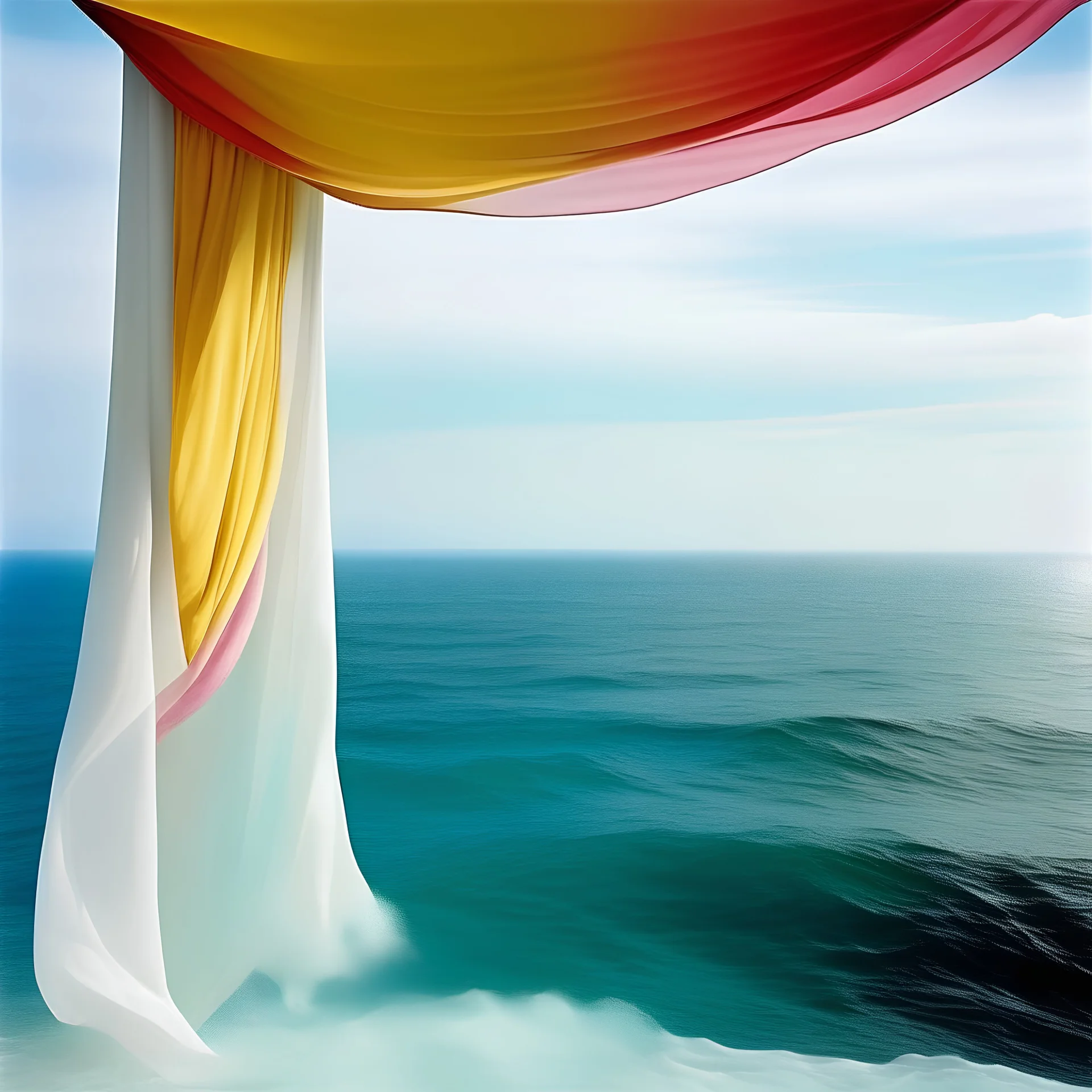 Kodachrome,A white curtain above the sea, turquoise, pink, orange, yellow, wind blowing