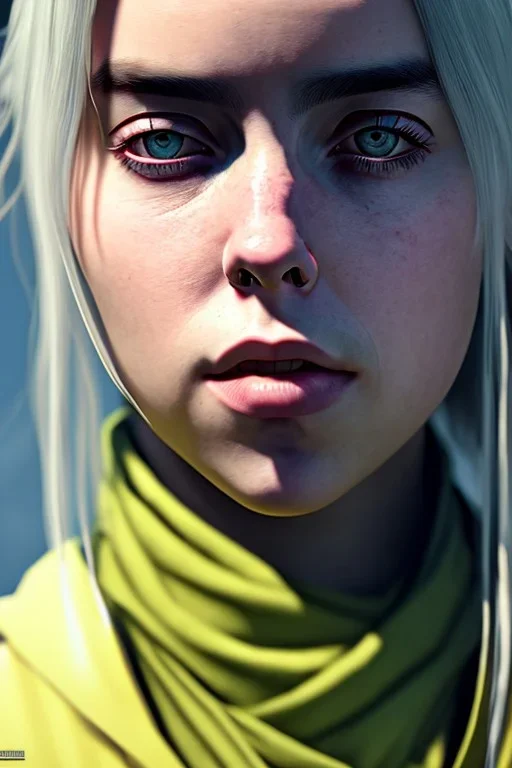 Billie Eilish, Dishonored 2, realistic, 4k, not to be distinguished from a photo, identical pupils, photorealistic illustration, 8k