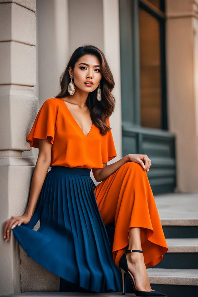 fullbody shot of young-beautiful-ozbek-with-a-perfect-face-with-make-up-wearing-orange top and midi pleated blue skirt