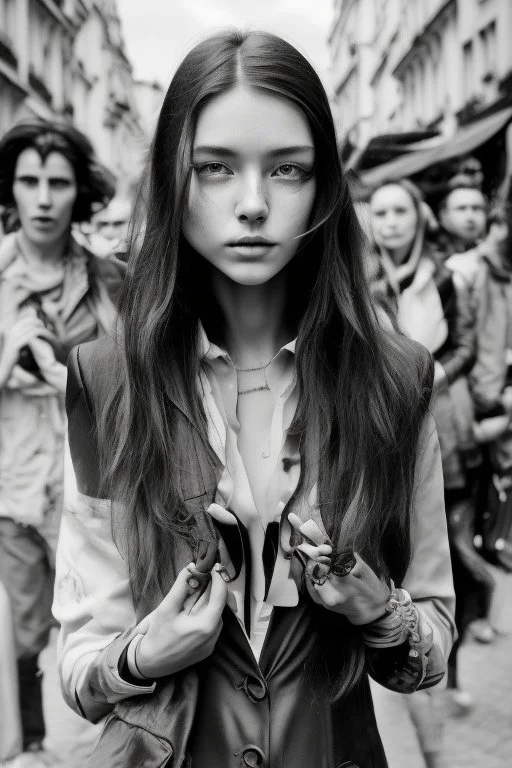 There's a crowd of people gathered in a Paris scenery between shops. They are viewed in black and white .They look emotionless. A close and personal photo of One beautiful woman who is in the middle of the crowd and she stands out from them, has striking eyes and long hair, looks up to the sky and smile. High detail, digital art. The shops in the background is painted with oil brush strokes