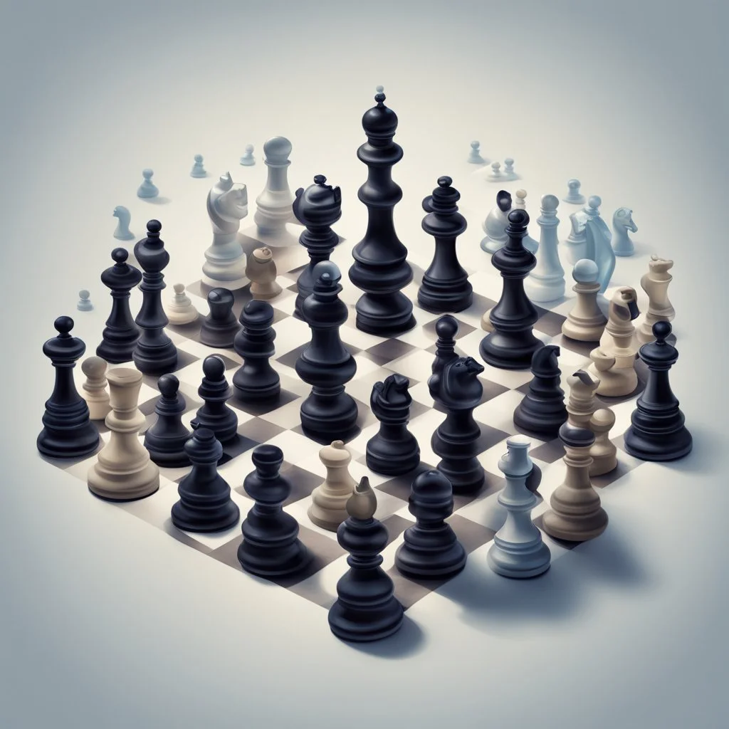 illustration of A digital artificial world of social media filled with chess pieces, each one representing a different strategy. a person thinking about the complex game of strategy.