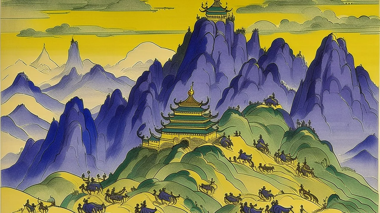 A stylized, painterly depiction of a mountain landscape with a fortress-like structure perched on a cliff. The mountains are rendered in shades of blue and purple, with a soft yellow sky. In the foreground, silhouetted figures of yaks and riders are visible, suggesting a journey or procession. A stupa-like structure and a yellow flag add cultural and symbolic elements to the scene. The overall mood is serene and majestic, with a touch of mystery.