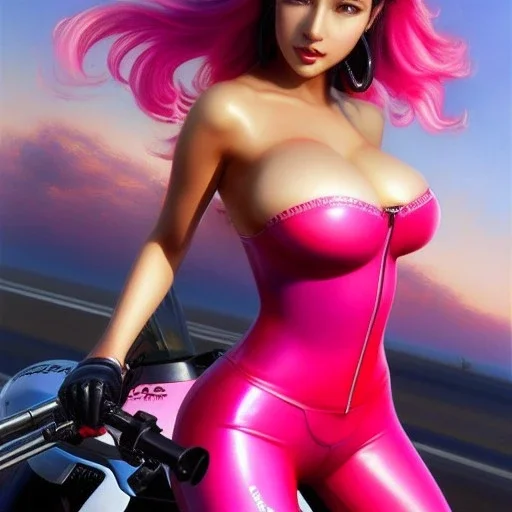 fullbody portrait 'beautiful face sexy Busty Female Biker riding a Superbike',hyperrealistic skin,Hyperrealistic crystal clear eyes,wearing skintight pink latex,painting by gaston bussiere, greg rutkowski, yoji shinkawa, yoshitaka amano, tsutomu nihei, donato giancola, tim hildebrandt,Evan Lee,Akira-Raikou, oil on canvas, cinematic composition,sharp image, extreme detail,((fit full head inside picture)),32k