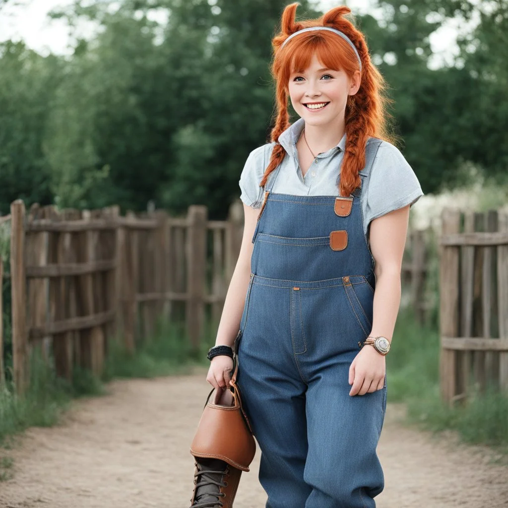 Grown up Pippi Longstocking: with an overalls and cowboy boots