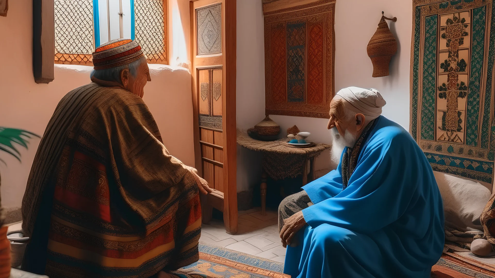 Two fifty-year-old people in traditional Moroccan clothing are discussing in the room of a Moroccan house, with only their backs visible