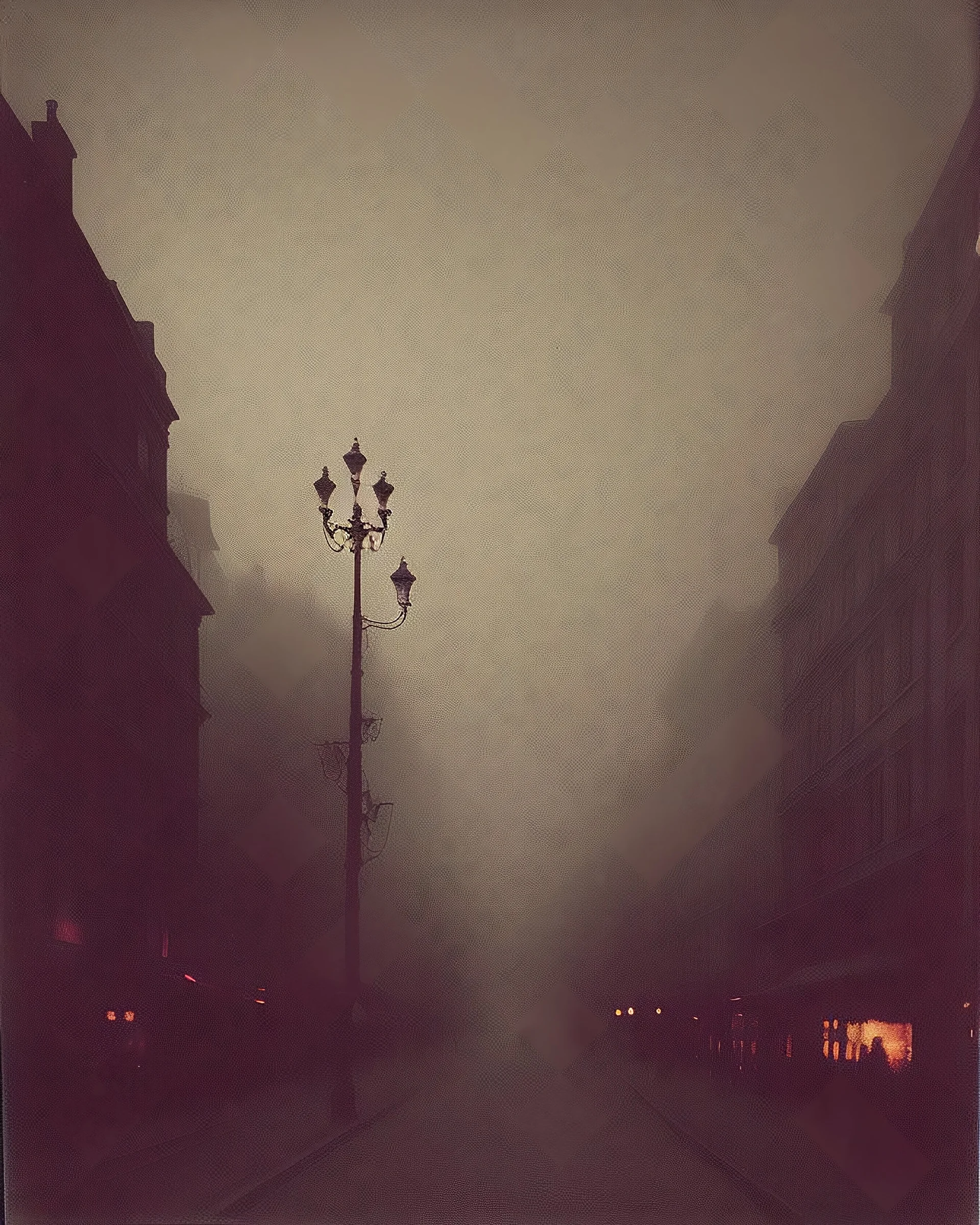 Dark street creepy fog colours strong texture artistic polaroid volumetric light, Yves Tanguy René Magritte Gustav Klimt 8k 3d abstractism