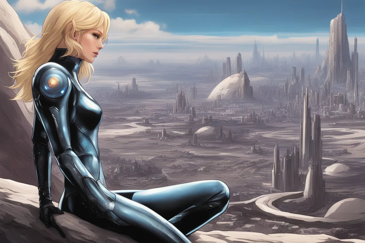 woman in an android-looking catsuit, with shoulder-length blond hair, sitting on a rock, sideways, with a planet behind her, a futuristic city on the horizon