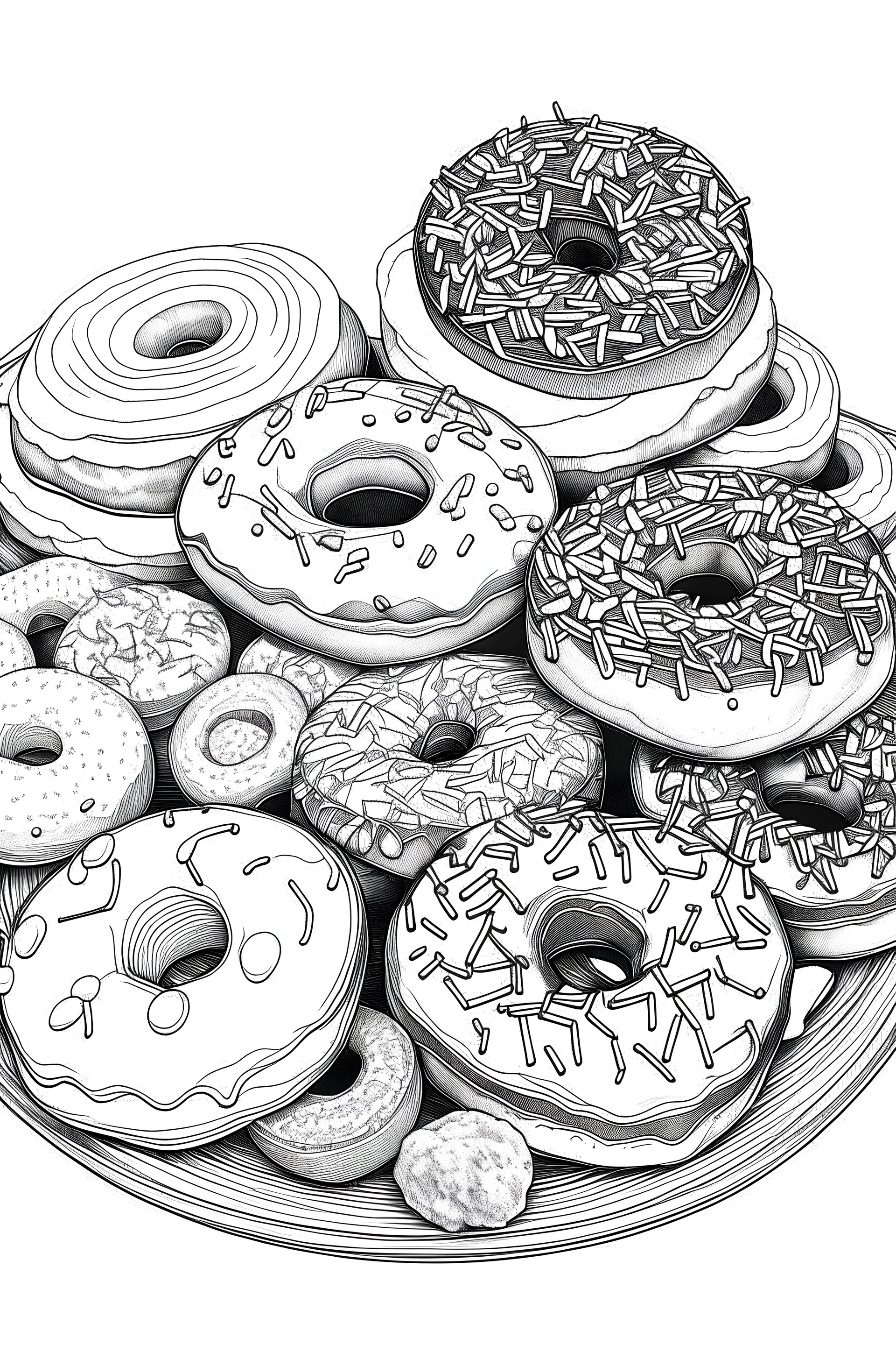 Doughnuts at the kitchen coloring book black and white