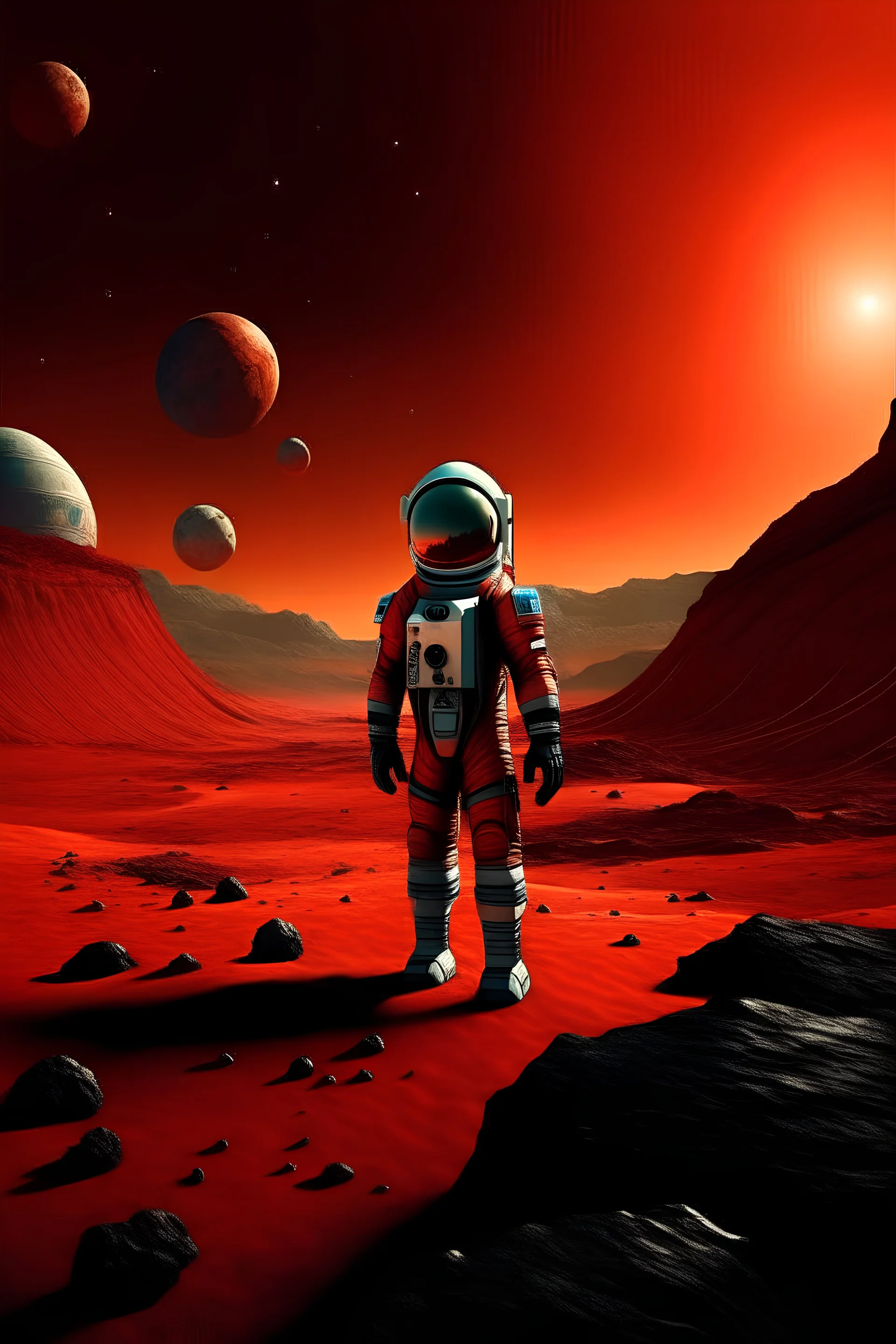 "Create an image depicting a young astronaut standing on the Martian surface beside a small spaceship, capturing the vastness of the red planet's landscape and the sense of exploration."