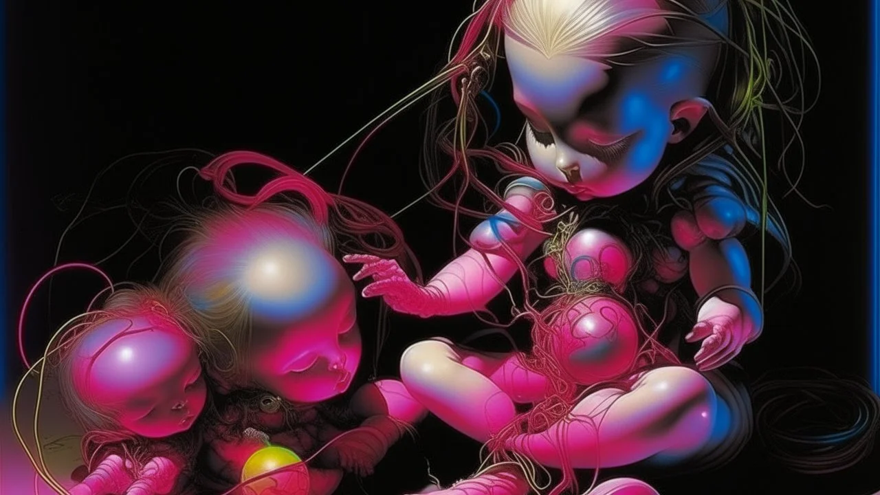 Hans Bellmer · muñecas articulares. Laberintos dibujados sobre la espalda. En posición de orante, pero mirando al suelo. Los ojos se vuelven espejos que reflejan otro mundo. Rosa fucsia, morado y negro · luz de discoteca. Horizonte donde el mar y el cielo son uno solo de cristal. Pintura con luz UV y pigmentos fosforescentes. Imagen artística surrealista centrada en la figura humana, sin desnudez explícita.