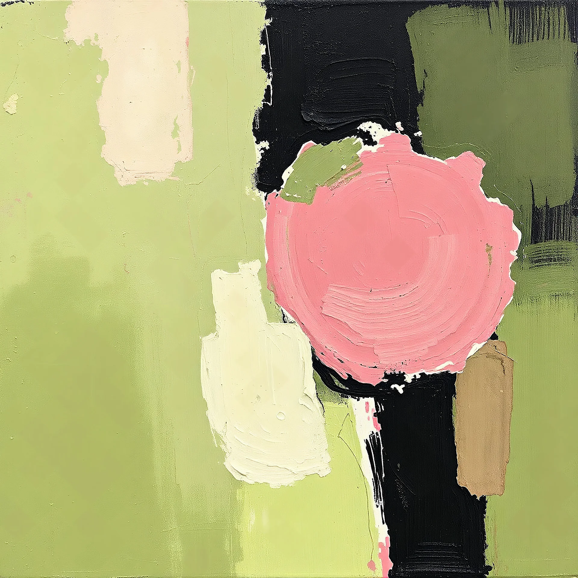 Peinture abstraite. Couleurs: vert pomme, vieux rose et noir.