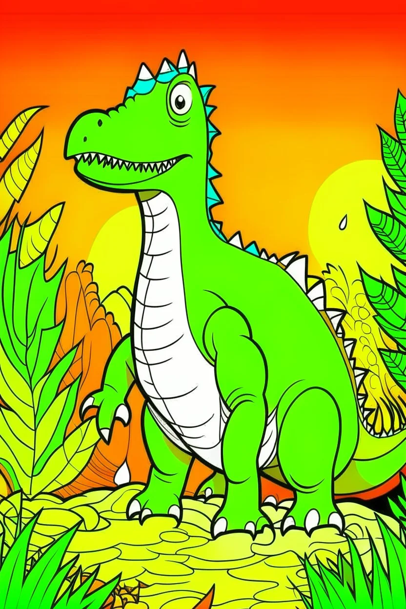 Crea una portada de un libro de dinosaurios para colorear para niños de 4 años, que tenga dibujos de dinosaurios en colores vivos, creativos e impactantes a la vista para la venta