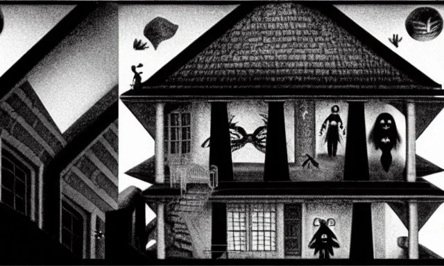 Wednesday Adams, scary dark room, spiders, Escher style