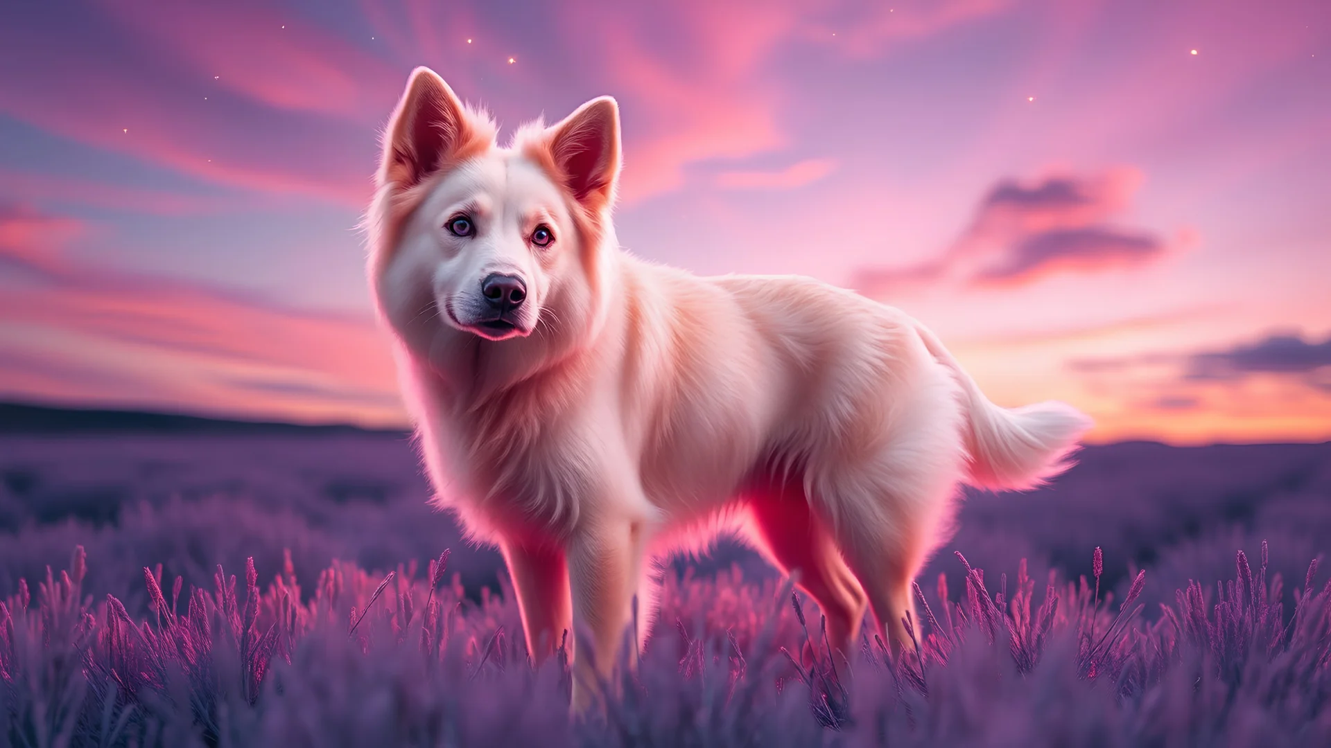 A surreal pink dog with a velvety coat that almost glows with a soft, rosy luminescence, standing in an otherworldly meadow where the grass shimmers in shades of lavender and teal. The dog’s fur is a blend of pastel pinks, with subtle hints of peach and coral, giving it an almost dreamlike appearance. Its eyes are a striking violet, exuding a gentle, mystical aura. The background is a twilight scene, with a sky awash in swirling colors of pink, purple, and gold, as stars begin to twinkle softly