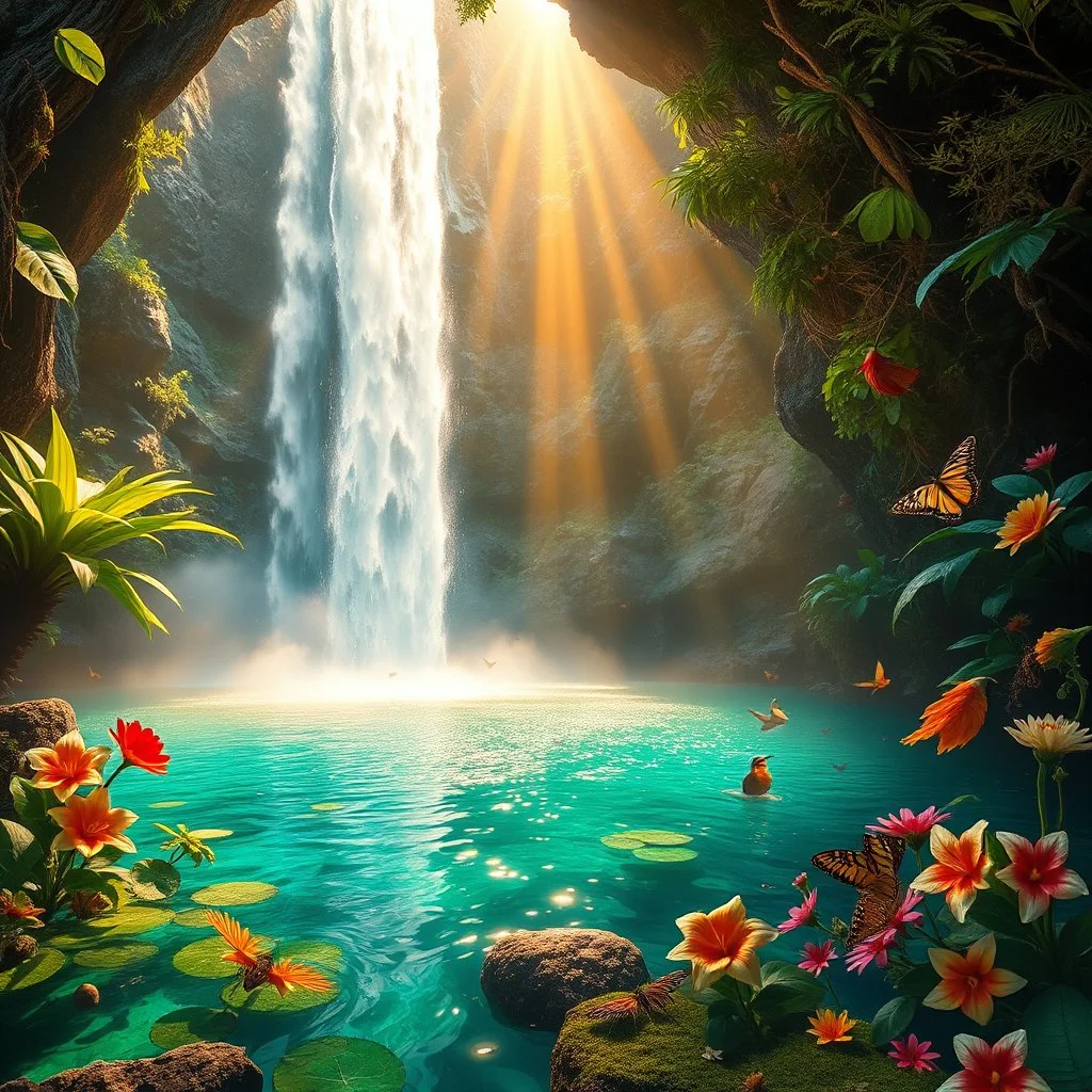 Award-winning Ultra-realistic fantasy photography of a breathtaking hidden sanctuary beneath a colossal crystal-clear waterfall, viewpoint from behind the cascading water curtain, extraordinary exotic flora and fauna surrounding the scene, luminous tropical flowers, rare birds and butterflies, emerald lagoon reflecting golden sunlight, magical mist illuminated by sun rays, captured by a world-renowned landscape photographer, National Geographic meets fine art photography, professional 64 k