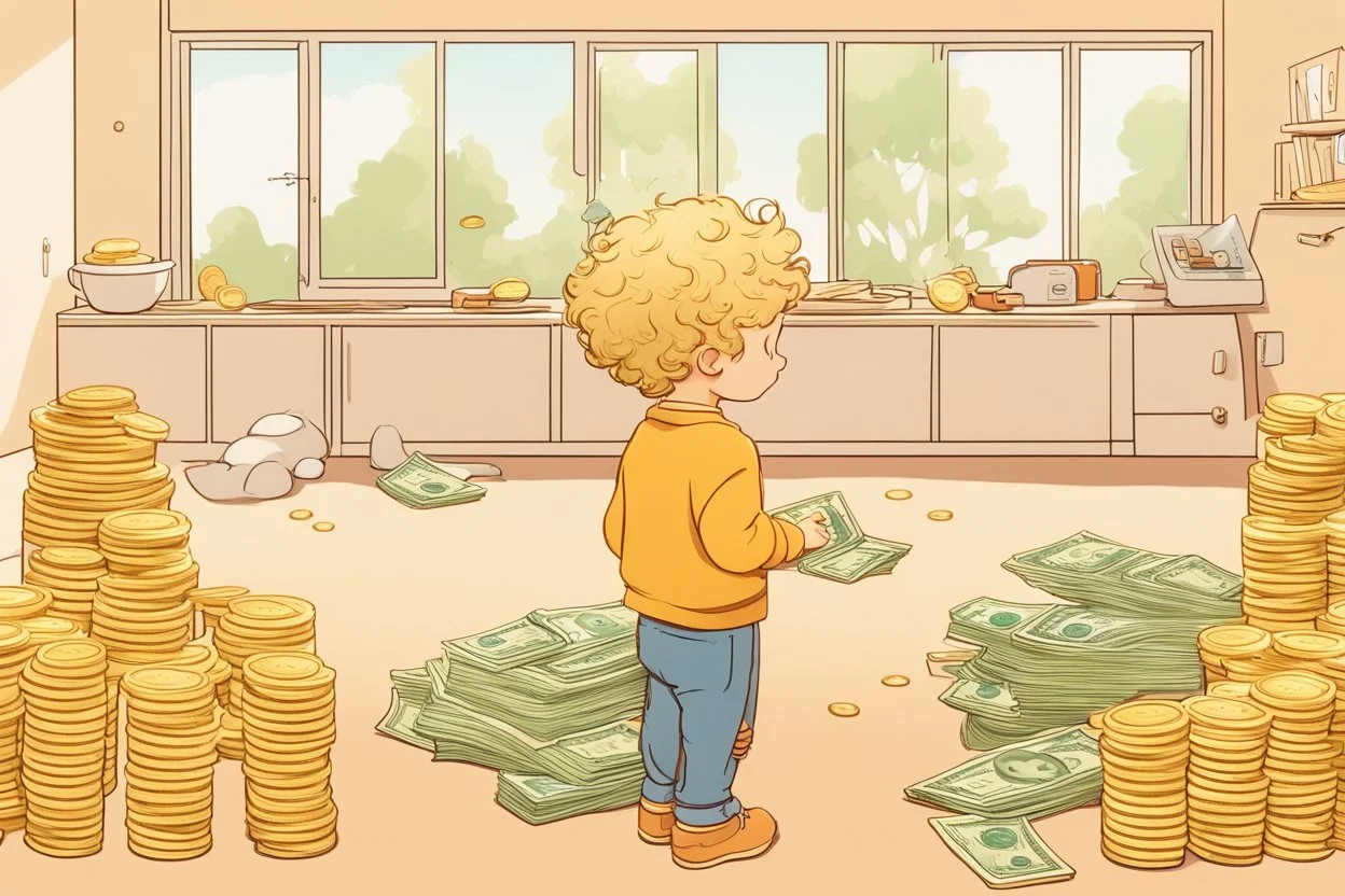 a curly-haired blond boy counts money and stacks gold coins in a modern nursery, in sunshine