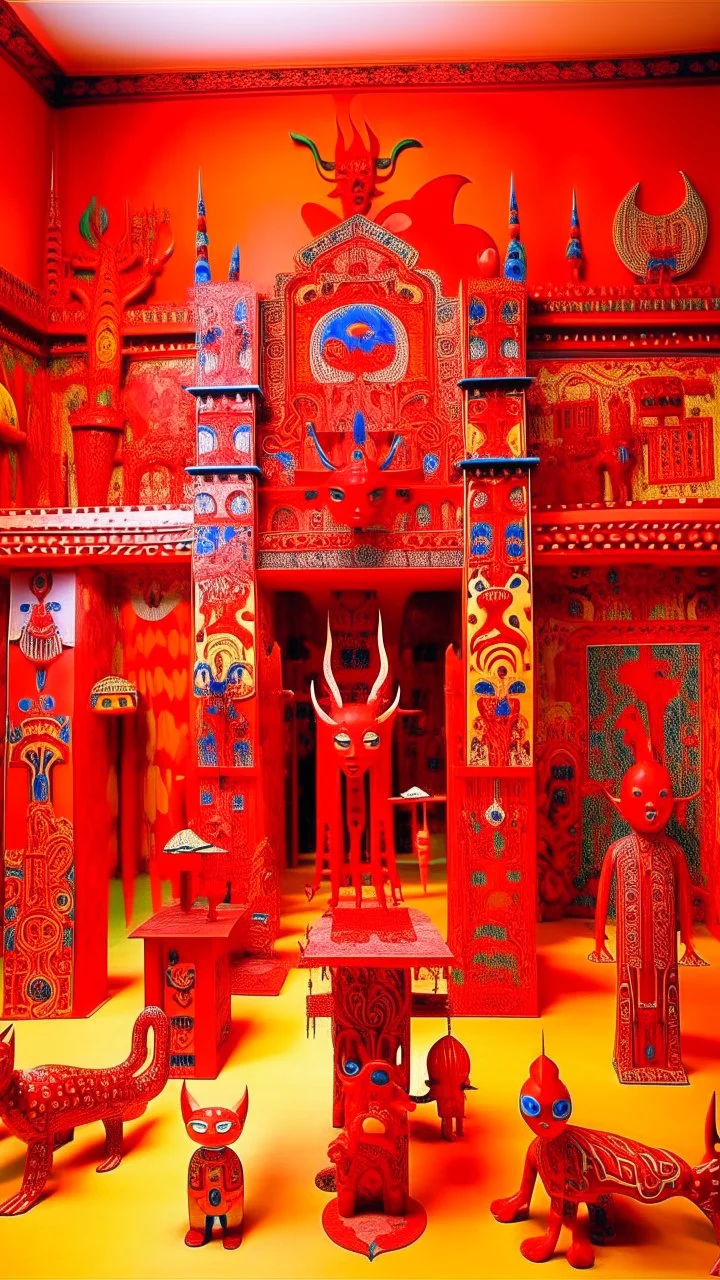 A red Oni kingdom with flipped buildings designed in Oaxacan alebrijes painted by Gustav Klimt