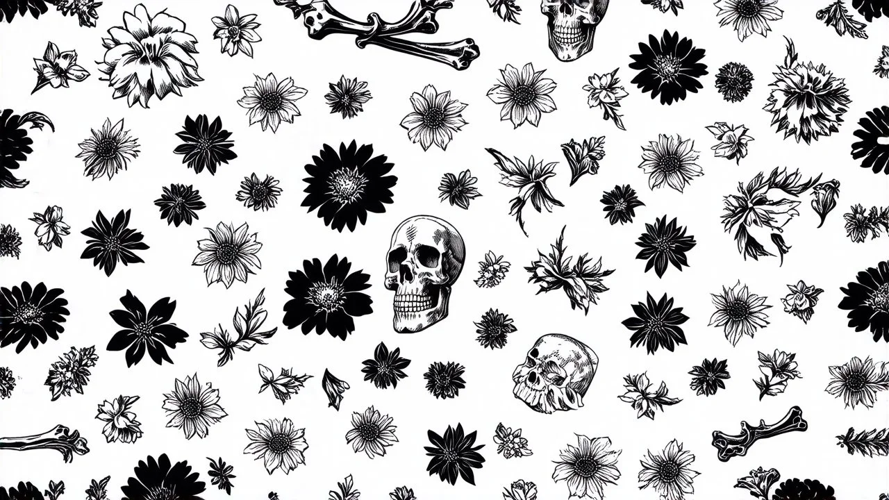 tracery of flowers, bones and skulls, black and white, Maximum minimalism