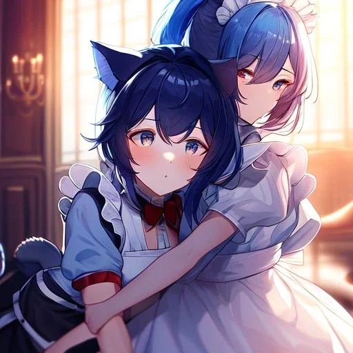 Clear Focus, High resolution, wearing a maid uniform, fluffy hair and a long ponytail, blue hair, cat ears, meowing, hugging another girl with red long fluffy hair also wearing a maid outfit, looking at you