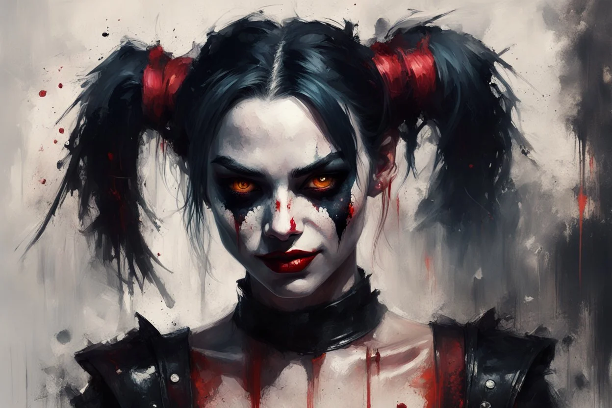 realistic portrait of harley quinn Digital Oil painting in the style of Jeremy Mann, bold loose brushwork, speedpainting, incoherence and chaos. Portrait of a black haired demoness stunning. Messy grunge gritty. Red eyes. wearing black leather corset. Dark colors subdued. Moody ambiance, impressionistic painterly ray tracing. Reminiscent of the surreal style of Miyo Murakami and Natalia Drepina