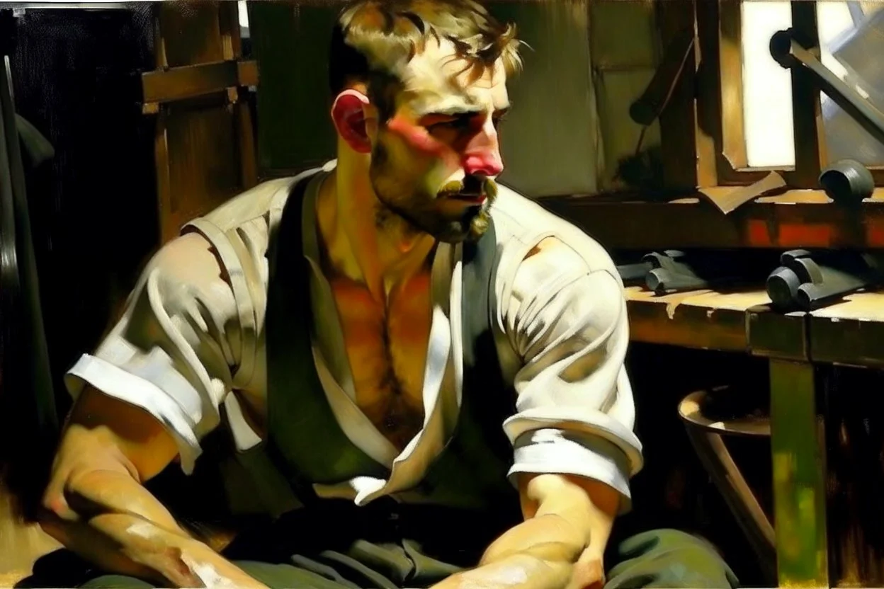 A handsome masculine shirtless scruff greasy dirty mechanic, Edward hopper John singer Sargent oil painting