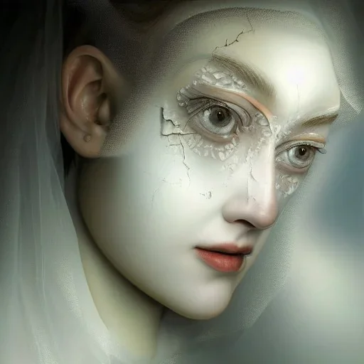 broken, cracked, shattered porcelain made of bride's face, fine detail, highly intricate, modern surrealism painting, high-quality, volumetric lighting, 8k, ultrahd, George Grie, Marco Escobedo, Igor Morski