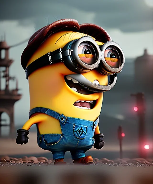 Minion toddler, steampunk, full body, red hair, leather jacket, dramatic lighting, hyper realistic