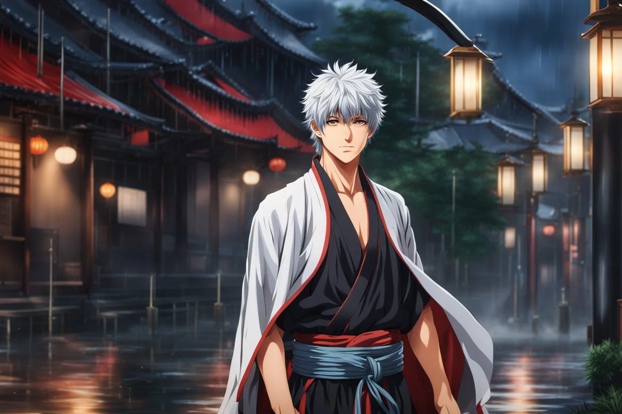 Gintoki in 8k 2D anime realistic drawing style, Gintama costum, close picture, rain, japan, highly detailed, high details, detailed portrait, masterpiece,ultra detailed, ultra quality
