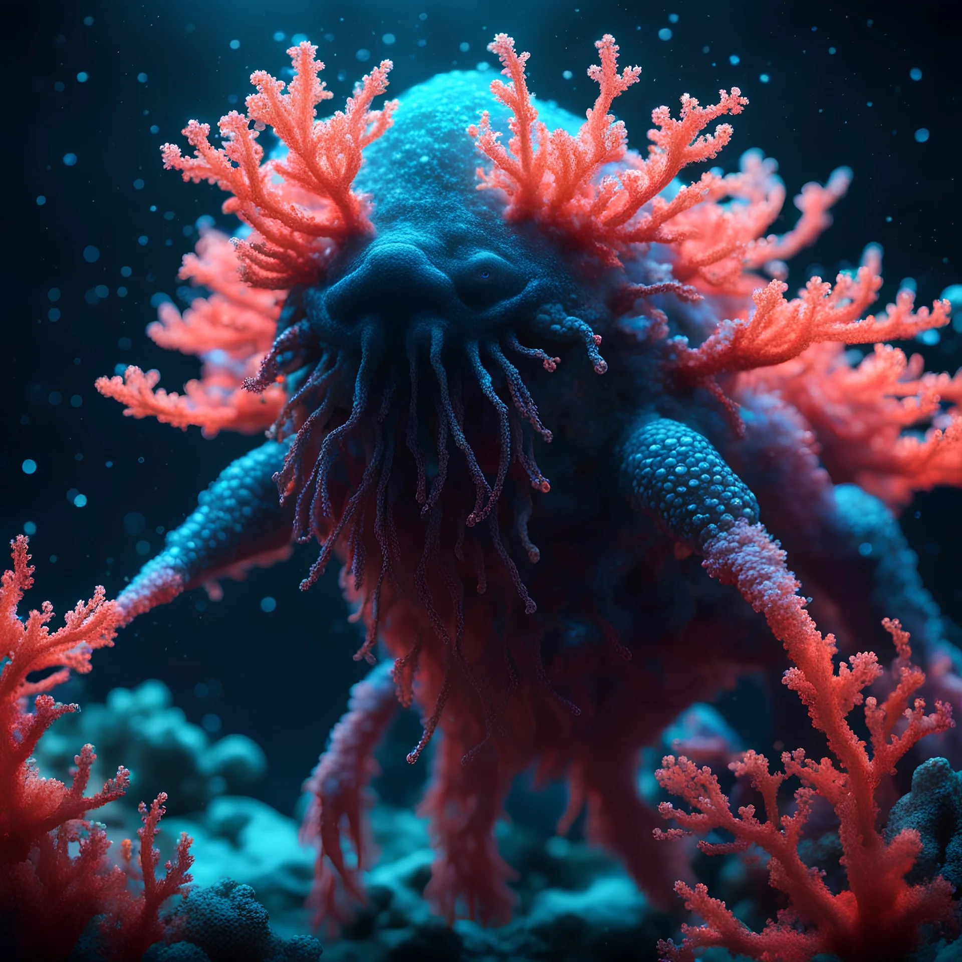 giant bioluminescent creature, covered with glowing coral, water particles in air, bright colors, glowing sparkle particles, dark tone, sharp focus, high contrast, 8k, incredible depth, depth of field, dramatic lighting, beautifully intricate details, clean environment, epic dynamic scene, photorealistic cgi