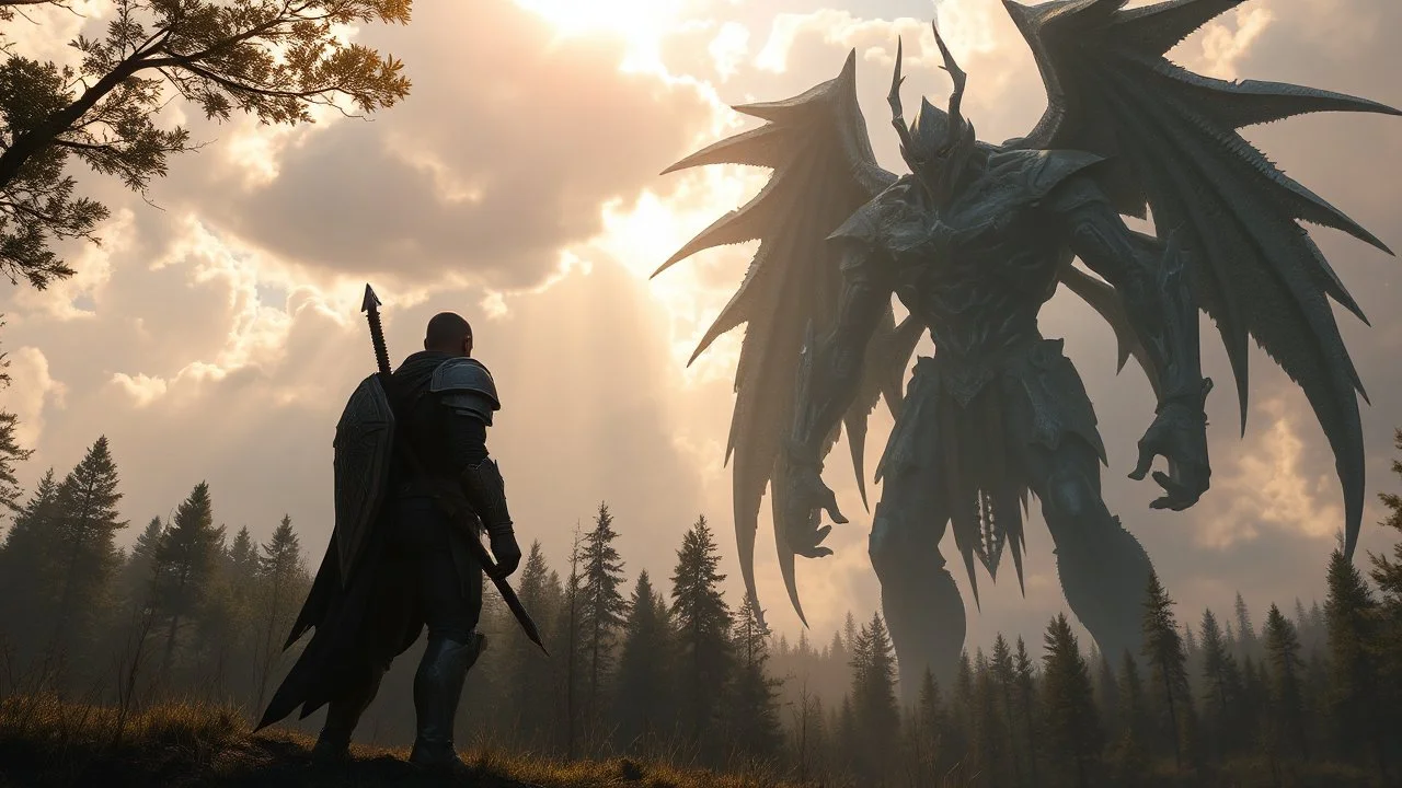 Photorealism. random Human in armor. forest in background. Sunlight through clouds. Giant Nephilim in the background