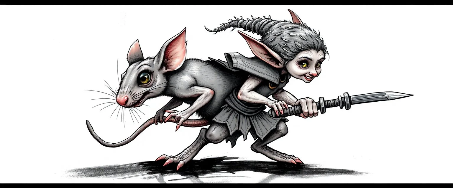 rat gremlin elf halfling pixie runner, airbrush and pen outline, realistic 3d rendering with high contrast pattern background