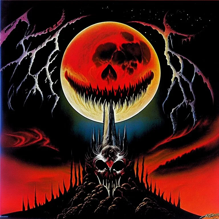 "The moon's so full it's spilling over, no hope in Hell || heavy metal Album cover aesthetic; by Derek Riggs and Gerald Scarfe, surreal, sinister, profound, dramatic, horror, dark shine burn, atmosphere guided by N(t)=N0​⋅e−kt