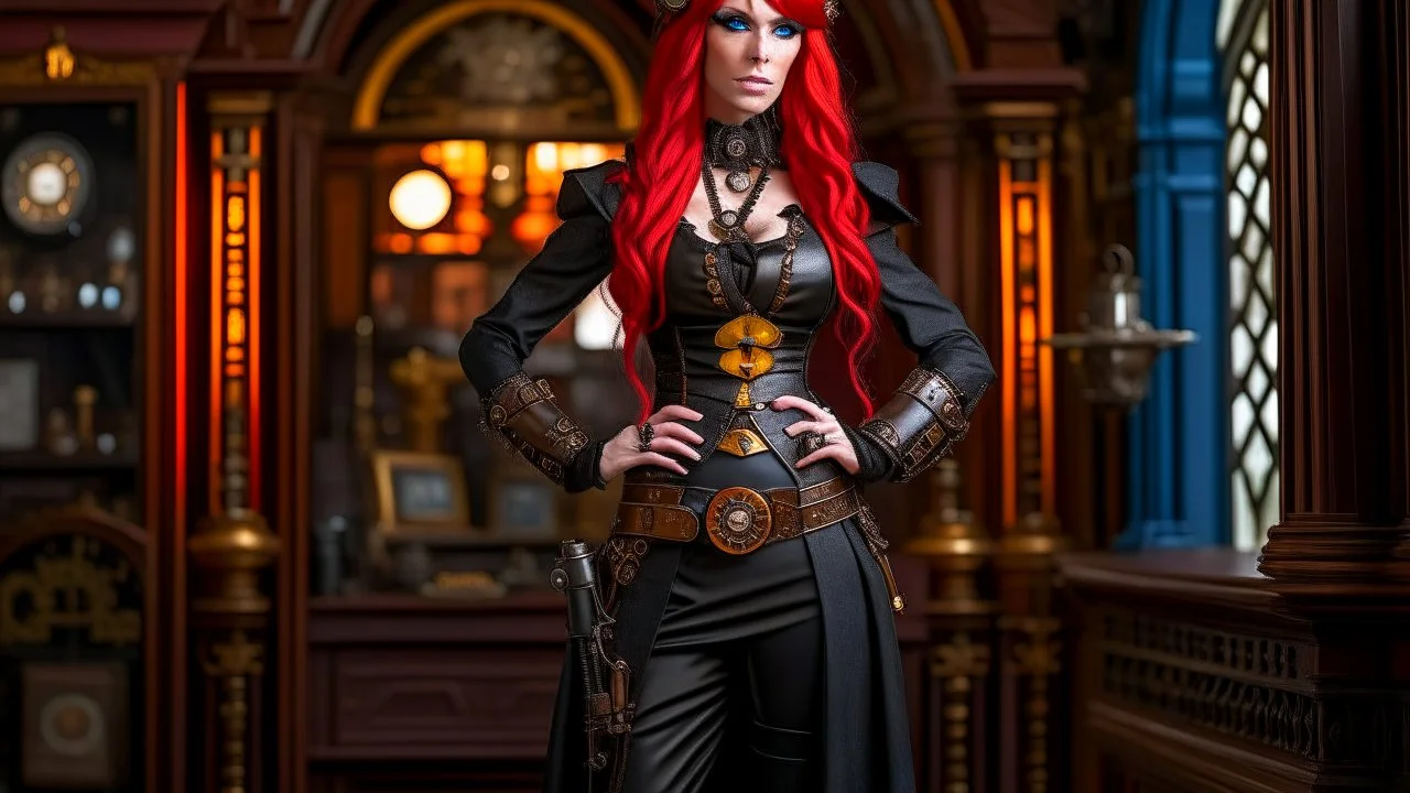 full body and headshot of a skinny Cleopatra, with long straight red hair, dressed as an assassin standing in a steampunk setting.