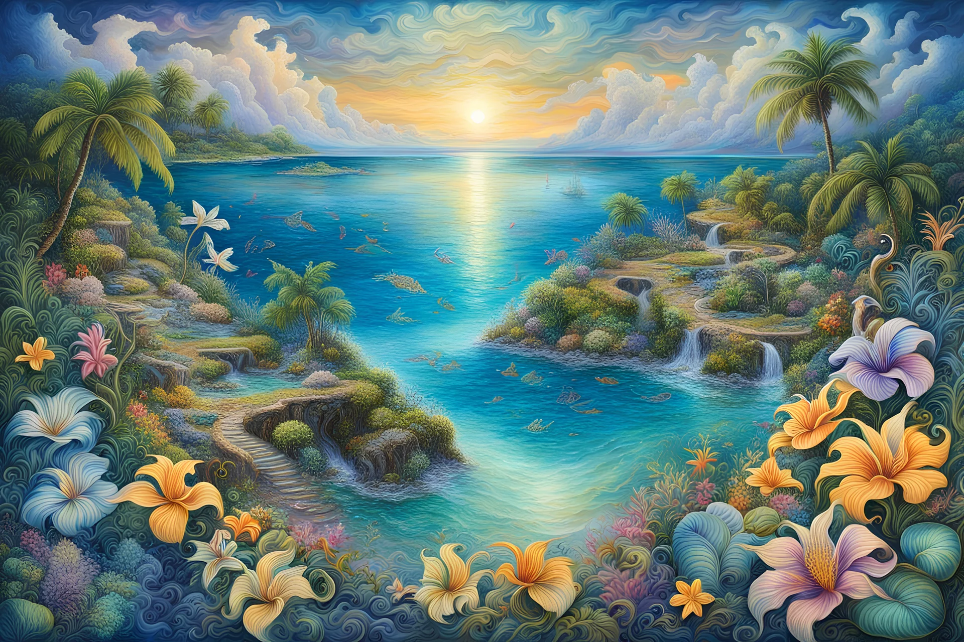 In the style of Josephine Wall, Wide view, Pisces, tropical island, detailed, elegant, complex, award winning masterpiece, tropical flowers, tropical island