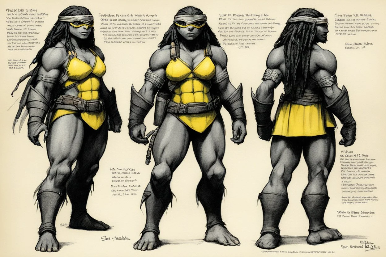 character concept sheet with AD&D statistics and characteristics, [high res pen sketch by by Sam Keith and Bernie Wrightson for TMNT module B3] Mona Lisa female Teenage Mutant Ninja Turtle, She has turtle skin partially made of scales, dreadlocks, and wears a yellow bra and a yellow eye mask. A protective shell is on her back, and she holds her bolas.
