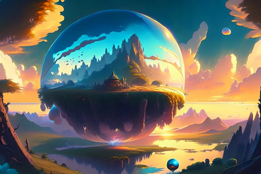 A digital painting of a mysterious anomalous orb in the sky surrounded by floating islands hovering above a fantasy landscape in the style of Michael Whelan, energy surge, serene countryside, lush forests, soaring mountains, impressive detail, sunset, high resolution, 4K, 8K, masterpiece