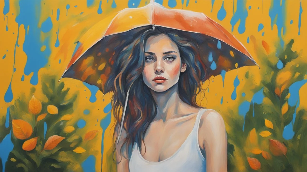 acrylic portrait of a woman, lush hair, rain, flowers, umbrella, autumn, paint blots, splashes, tears, plants, yellow, blue, green, orange colors