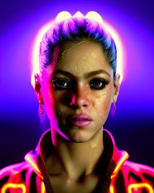 portrait, Shakira, blonde artist, angry, Realistic image, MMA robe, hoodie, mouthguard, nose, band aid, loose long hair, eyes make up, line gold make up, glow, circle iris. Rain, fog, Neon colors, leds. Dark background, photo studio, neon lights. concept art, smooth, unreal engine 5, god lights, ray tracing, RTX, lumen lighting, ultra detail, volumetric lighting, 3d, finely drawn, high definition, 4k.