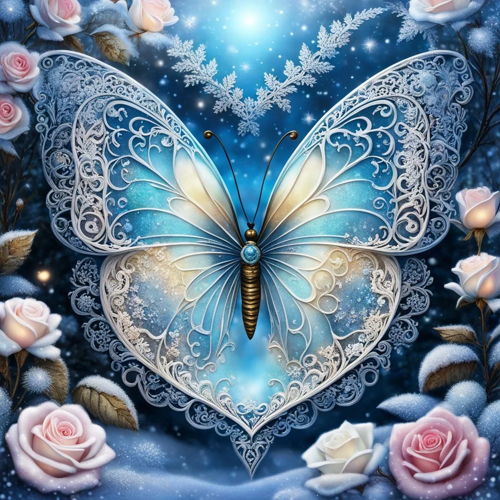 Beautiful filigree lacey butterfly, winter wonderland background, triple frosted heart with bi colored roses, glitter, glowing, transparent, sparklecore, Thomas Kinkade, realistic painting, 8K