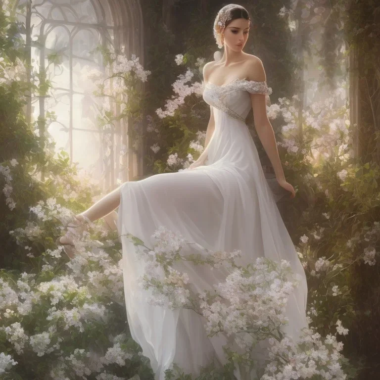 a beautiful illustration of a Goddes woman with white dress, intricate, sharp focus, illustration, highly detailed, digital painting, concept art, matte, art by wlop and artgerm and greg rutkowski and alphonse mucha, masterpiece