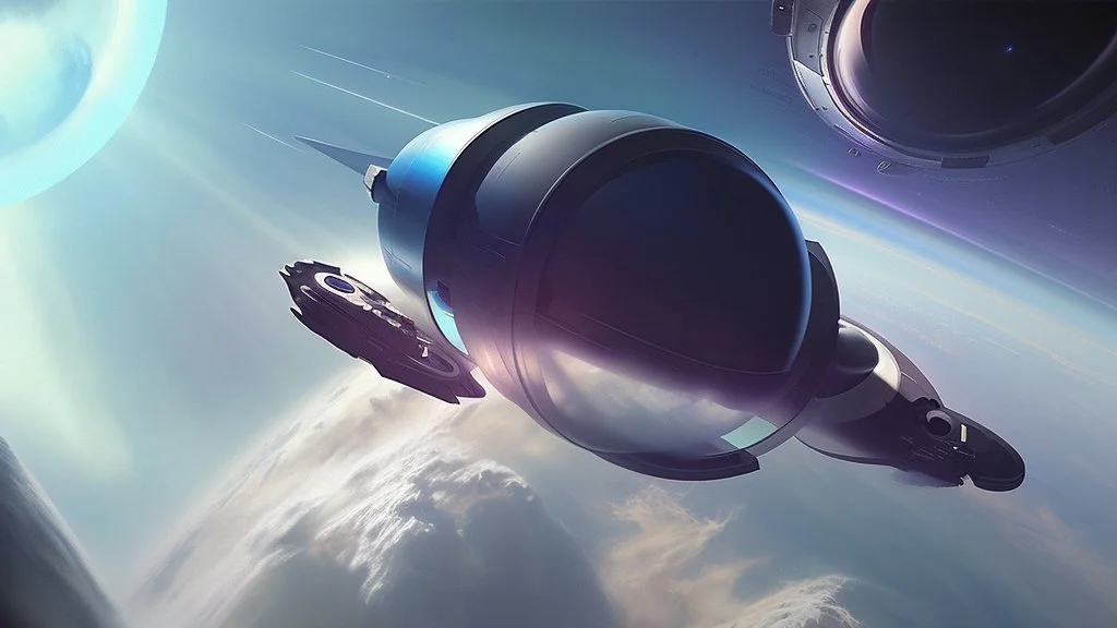 circular, tube, space station over a planet, photorealism