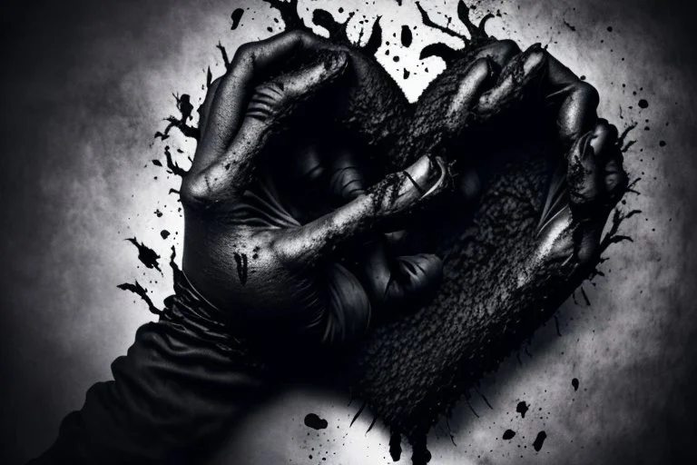 A black hand made out of black smoke violently crushing a human heart