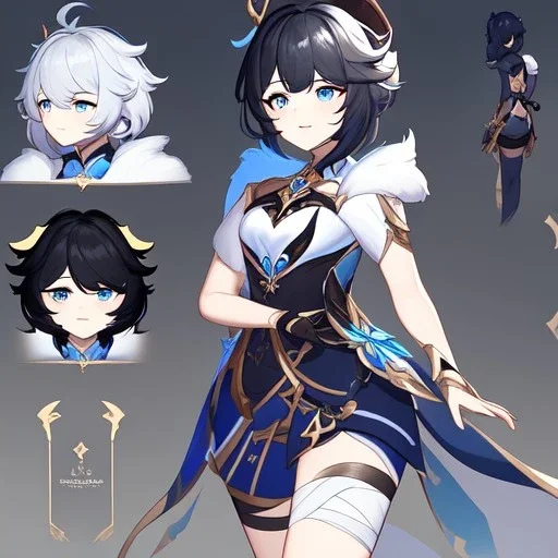 Clear focus,High resolution, Black short fluffy hair, and blue eyes, wearing a Genshin Impact inspired outfit, detailed clothes,must be wearing a short skirt, Bandage around the whole body, Concept art